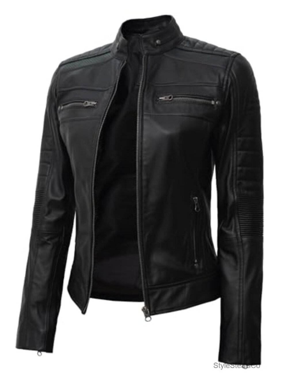Women's Real Lambskin Leather Cafe Racer Motorcycle Jacket